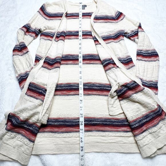 EDDIE BAUER Cream Red Blue Stripe Cotton Long Cardigan Boho Sweater sz Medium - Picture 5 of 7